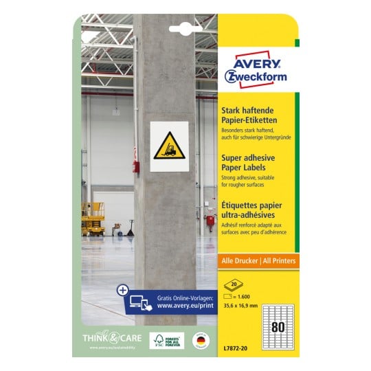 Packungsabbildung: Avery Zweckform Stark haftende Papier-Etiketten, Artikel:  L7872-20, Format: 35,6 x 16,9 mm, Druckereignung: Inkjet,Laser s/w,Farblaser, Inhalt: 1.600 Etiketten / 20 Bögen, 80 Etiketten/Bogen