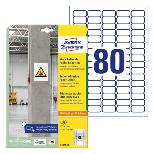 Packungsabbildung mit Etikettenbogen: Avery Zweckform Stark haftende Papier-Etiketten, Artikel: L7872-20, Format: 35,6 x 16,9 mm, Druckereignung: Inkjet,Laser s/w,Farblaser, Inhalt: 1.600 Etiketten / 20 Bögen, 80 Etiketten/Bogen