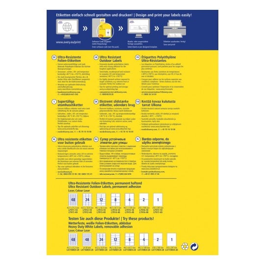 Das Bild zeigt verschiedene Arten von Etiketten, die zum Design und Druck verfügbar sind. Es enthält Informationen in mehreren Sprachen über ultra-resistente Etiketten für den Außenbereich, deren Merkmale und Anweisungen für den optimalen Gebrauch. Es gibt auch Produktbilder und Spezifikationen sowie Kontaktdaten für den Kundenservice.