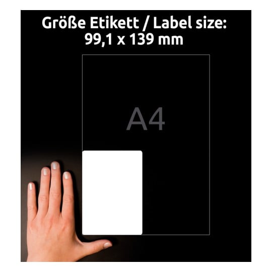 Größenvergleich mit Hand, Artikel: L7915-10, ein Bogen Ultra-Resistente Folien-Etiketten, Format: 99,1 x 139 mm, Farbe: Weiß