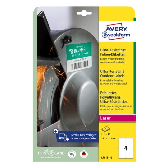 Packungsabbildung: Avery Zweckform Ultra Resistente Outdoor Etiketten, Artikel:  L7915-10, Format: 99,1 x 139 mm, Druckereignung: Laser s/w,Farblaser, Inhalt: 40 Etiketten / 10 Bögen, 4 Etiketten/Bogen