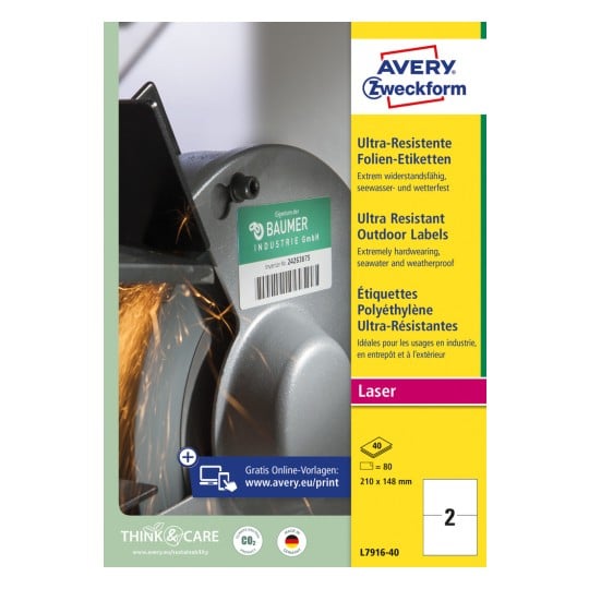 Packungsabbildung: Avery Zweckform Ultra Resistente Outdoor Etiketten, Artikel:  L7916-40, Format: 210 x 148 mm, Druckereignung: Laser s/w,Farblaser, Inhalt: 80 Etiketten / 40 Bögen, 2 Etiketten/Bogen