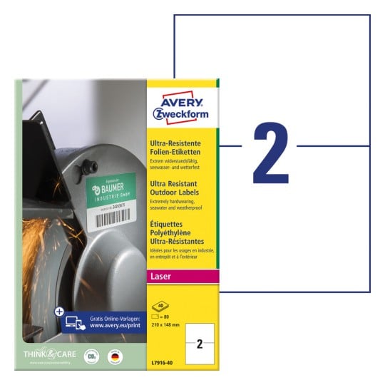 Packungsabbildung mit Etikettenbogen: Avery Zweckform Ultra-Resistente Folien-Etiketten, Artikel: L7916-40, Format: 210 x 148 mm, Druckereignung: Laser s/w,Farblaser, Inhalt: 80 Etiketten / 40 Bögen, 2 Etiketten/Bogen