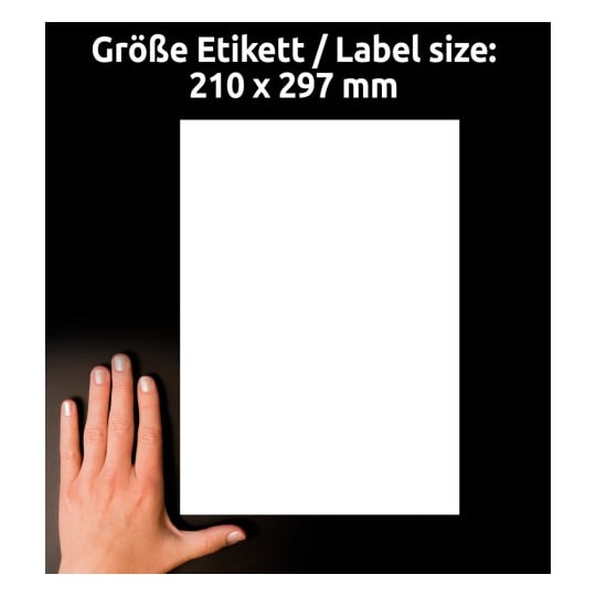 Größenvergleich mit Hand, Artikel: L7917-10, ein Bogen Ultra-Resistente Folien-Etiketten, Format: 210 x 297 mm, Farbe: Weiß
