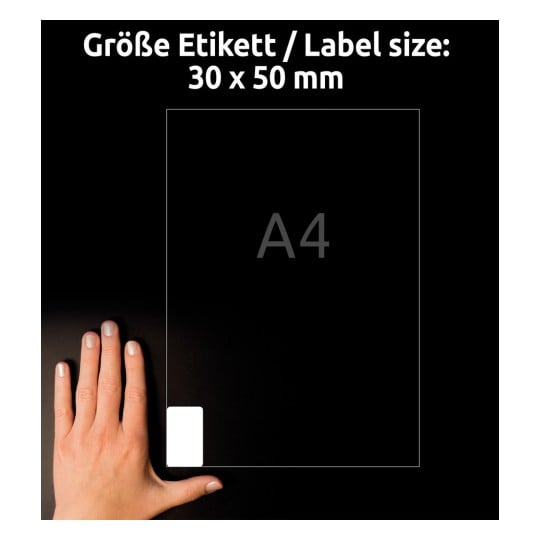 Größenvergleich mit Hand, Artikel: L7975-25, ein Bogen Tiefkühl-Etiketten, Format: 30 x 50 mm, Farbe: Weiß