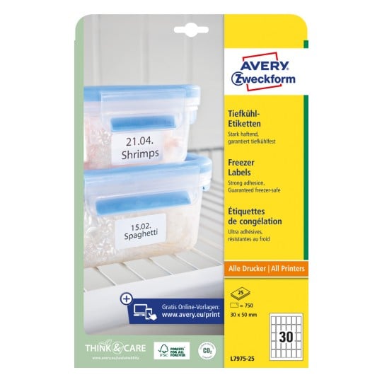 Packungsabbildung: Avery Zweckform Tiefkühl-Etiketten, Artikel:  L7975-25, Format: 30 x 50 mm, Druckereignung: Inkjet,Laser s/w,Farblaser, Inhalt: 750 Etiketten / 25 Bögen, 30 Etiketten/Bogen