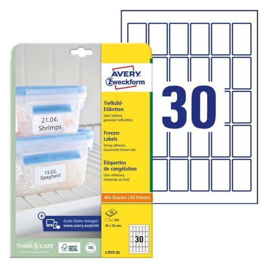 Packungsabbildung mit Etikettenbogen: Avery Zweckform Tiefkühl-Etiketten, Artikel: L7975-25, Format: 30 x 50 mm, Druckereignung: Inkjet,Laser s/w,Farblaser, Inhalt: 750 Etiketten / 25 Bögen, 30 Etiketten/Bogen
