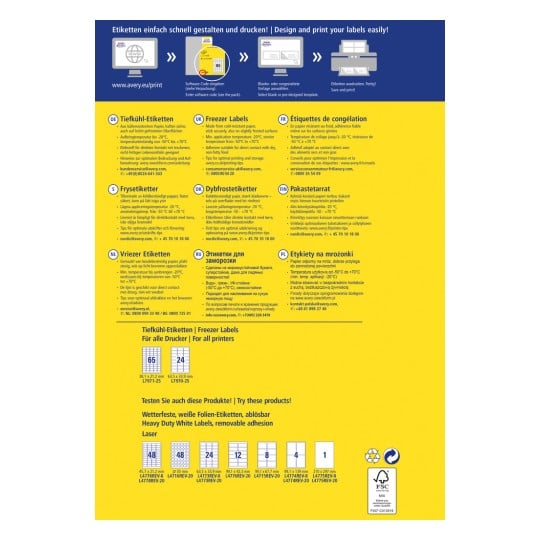 Dieses Bild zeigt einen Designleitfaden für das Drucken von Gefrieretiketten in mehreren Sprachen. Es enthält Produktdetails, empfohlene Temperaturen und Tipps für optimales Drucken. Verschiedene Etikettengrößen und Produktcodes sind ebenfalls aufgeführt.
