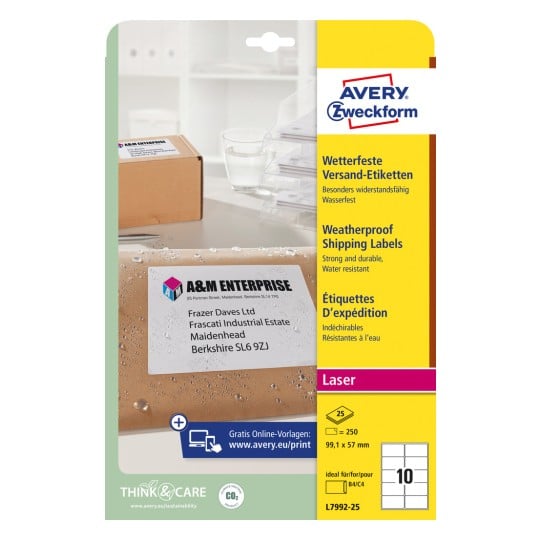 Packungsabbildung: Avery Zweckform Wetterfeste Versand-Etiketten, Artikel:  L7992-25, Format: 99,1 x 57 mm, Druckereignung: Laser s/w,Farblaser, Inhalt: 250 Etiketten / 25 Bögen, 10 Etiketten/Bogen