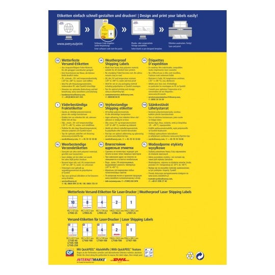 Das Bild zeigt einen bunten Informationsflyer über wetterfeste Versandetiketten, inklusive Details zu Material, Druckoptionen und internationalen Übersetzungen. Es enthält verschiedene Layouts, Abmessungen und einen Website-Link zur Anpassung.