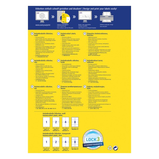 Das Bild zeigt eine mehrsprachige Anzeige für antimikrobielle Etiketten, die verschiedene Merkmale, Anweisungen und verfügbare Größen für Design und Druck hervorhebt. Es enthält Abschnitte in verschiedenen Sprachen wie Deutsch, Französisch, Niederländisch und Polnisch, die Informationen zur Wirksamkeit gegen Viren und Bakterien sowie Anwendungstipps bieten.