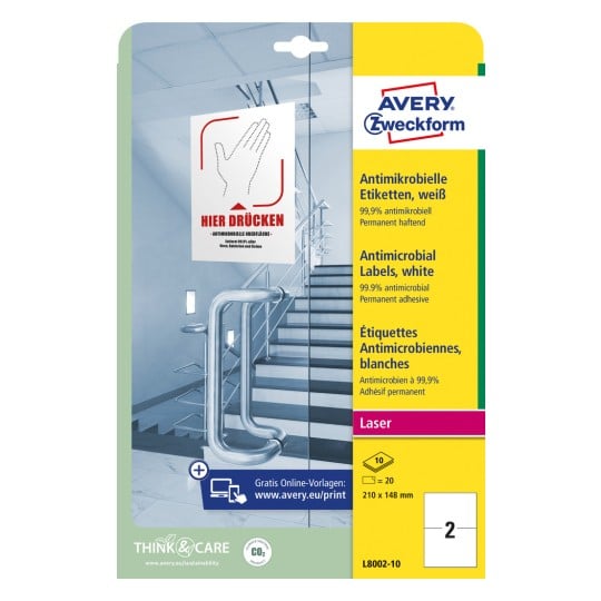 Packungsabbildung: Avery Zweckform Antimikrobielle Etiketten, Artikel:  L8002-10, Format: 210 x 148 mm, Druckereignung: Laser s/w,Farblaser, Inhalt: 20 Etiketten / 10 Bögen, 2 Etiketten/Bogen