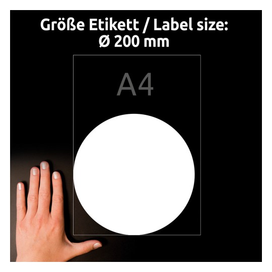 Größenvergleich mit Hand, Artikel: L9003-10, ein Bogen Hinterglas-Etiketten, Format: ⌀ 200 mm, Farbe: Weiß