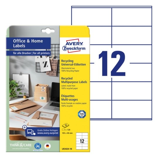 Packungsabbildung mit Etikettenbogen: Avery Zweckform Recycling Etiketten, Home Office, Kleinpackung, Artikel: LR3424-10, Format: 105 x 48 mm, Druckereignung: Inkjet,Laser s/w,Farblaser, Inhalt: 120 Etiketten / 10 Bögen, 12 Etiketten/Bogen