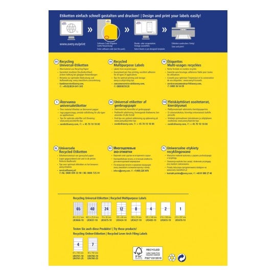 Das Bild ist ein Informationsblatt über recycelte Mehrzwecketiketten von Avery. Es liefert Details in mehreren Sprachen über Etikettendruck, Merkmale und verfügbare Größen. Es enthält auch Tipps für optimalen Druck und Lagerung.