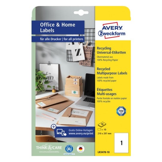 Packungsabbildung: Avery Zweckform Recycling Universal-Etiketten, Artikel:  LR3478-10, Format: 210 x 297 mm, Druckereignung: Inkjet,Laser s/w,Farblaser, Inhalt: 10 Etiketten / 10 Bögen, 1 Etiketten/Bogen