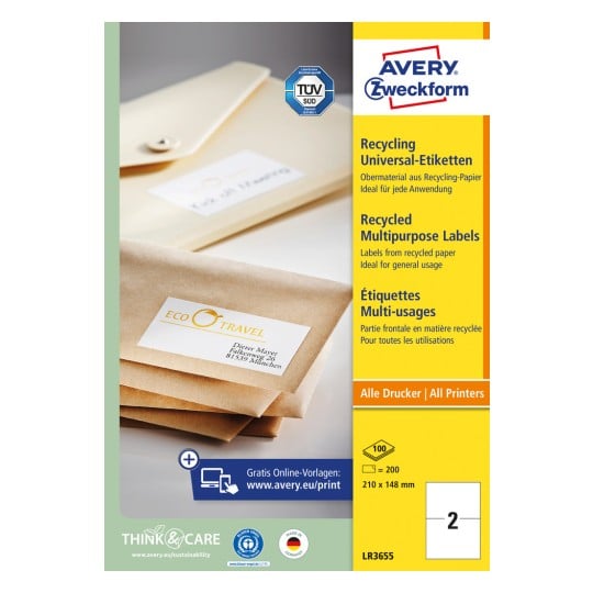 Packungsabbildung: Avery Zweckform Recycling Universal-Etiketten, Artikel:  LR3655, Format: 210 x 148 mm, Druckereignung: Inkjet,Laser s/w,Farblaser, Inhalt: 200 Etiketten / 100 Bögen, 2 Etiketten/Bogen