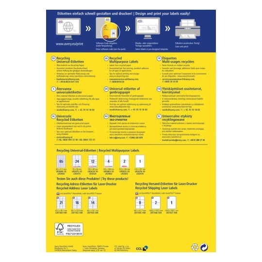 Ein Bild, das verschiedene Recycling-Symbole und deren Spezifikationen, Anweisungen zum Drucken und Produktcodes zeigt, präsentiert in mehreren Sprachen.