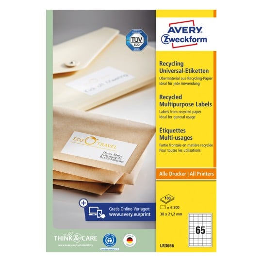 Packungsabbildung: Avery Zweckform Recycling Universal-Etiketten, Artikel:  LR3666, Format: 38 x 21,2 mm, Druckereignung: Inkjet,Laser s/w,Farblaser, Inhalt: 6.500 Etiketten / 100 Bögen, 65 Etiketten/Bogen