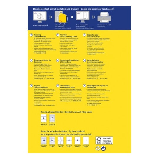 Eine Informationsgrafik über Recyclingetiketten mit verschiedenen sprachlichen Anweisungen zum Design und Druck. Sie enthält Bilder von Etiketten, Spezifikationen und Kundenservicekontakte für mehrere Länder.