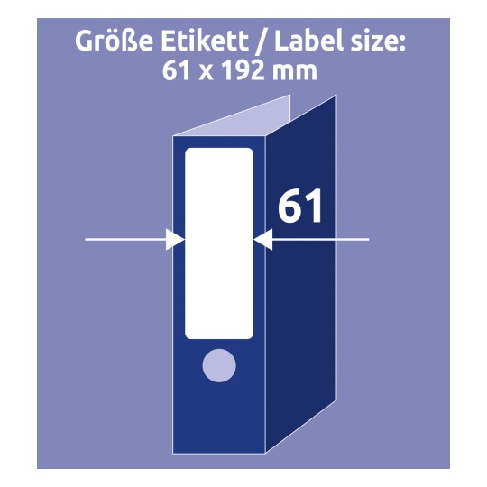 Größenvergleich mit Hand, Artikel: LR4761-25, ein Bogen Recycling Ordner-Etiketten, Format: 61 x 192 mm, Farbe: Naturweiß