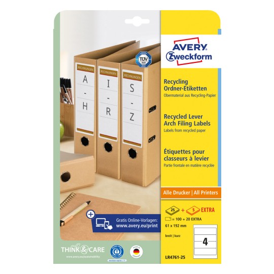 Packungsabbildung: Avery Zweckform Recycling Ordner-Etiketten, Artikel:  LR4761-25, Format: 61 x 192 mm, Druckereignung: Inkjet,Laser s/w,Farblaser, Inhalt: 120 Etiketten / 30 Bögen, 4 Etiketten/Bogen