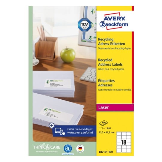 Packungsabbildung: Avery Zweckform Recycling Versand-Etiketten, Artikel:  LR7161-100, Format: 63,5 x 46,6 mm, Druckereignung: Laser s/w,Farblaser, Inhalt: 1.800 Etiketten / 100 Bögen, 18 Etiketten/Bogen