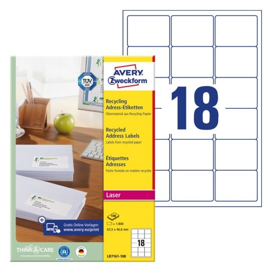 Packungsabbildung mit Etikettenbogen: Avery Zweckform Recycling Adress-Etiketten, Artikel: LR7161-100, Format: 63,5 x 46,6 mm, Druckereignung: Laser s/w,Farblaser, Inhalt: 1.800 Etiketten / 100 Bögen, 18 Etiketten/Bogen