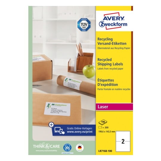 Packungsabbildung: Avery Zweckform Recycling Versand-Etiketten, Artikel:  LR7168-100, Format: 199,6 x 143,5 mm, Druckereignung: Laser s/w,Farblaser, Inhalt: 200 Etiketten / 100 Bögen, 2 Etiketten/Bogen