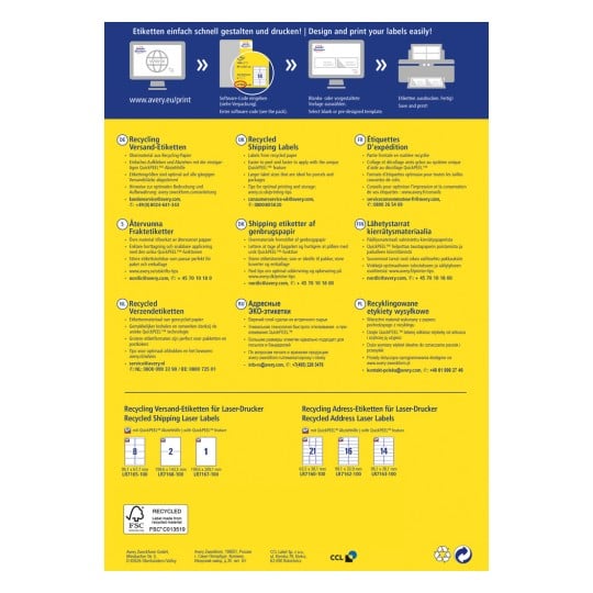 Das Bild enthält Informationen über den Druck von recycelten Etiketten von Avery, einschließlich Eigenschaften, Größen und Tipps zur Verwendung ihrer QuickPEEL-Technologie in verschiedenen Sprachen.