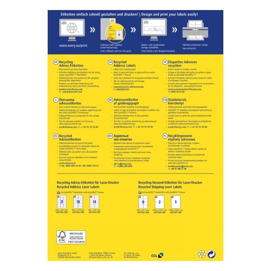 Das Bild ist ein Werbeflyer für recycelte Adressetiketten und Versandetiketten von Avery, der ihre Eigenschaften und Druckanweisungen in mehreren Sprachen beschreibt.