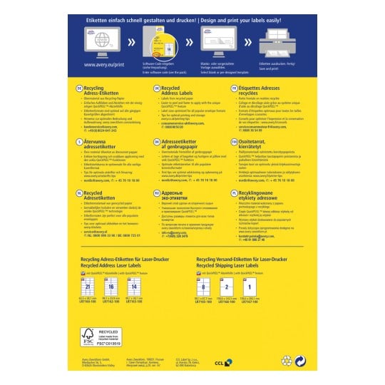 Das Bild enthält Informationen über recycelte Adressetiketten und deren Druckanweisungen in mehreren Sprachen. Es beinhaltet Details zur Verwendung, Tipps für optimales Drucken und Etikettenspezifikationen. Das Design betont das einfache Drucken und die QuickPEEL-Funktion für Etiketten sowie Kontaktinformationen für den Kundenservice.