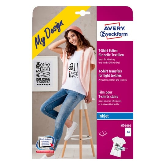Packungsabbildung: Avery Zweckform Textiltransferfolie für helle Textilien, Artikel:  MD1001, Format: 210 x 297 mm, Druckereignung: Inkjet, Inhalt: 5 Bögen,  /Bogen