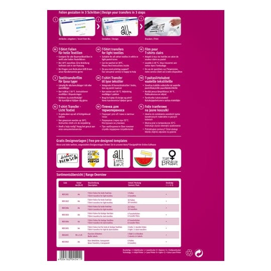 Das Bild zeigt eine bunte Informationsgrafik über das Design von T-Shirt-Transfers. Sie enthält Anleitungen in mehreren Sprachen zur Verwendung von Transferfolie für Textilien sowie eine Übersicht über Produktcodes, Formate, Mengen und Druckarten. Am unteren Rand werden auch Musterdesigns präsentiert.