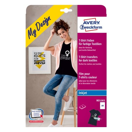 Packungsabbildung: Avery Zweckform Textiltransferfolie für dunkle Textilien, Artikel:  MD1003, Format: 210 x 297 mm, Druckereignung: Inkjet, Inhalt: 4 Bögen,  /Bogen