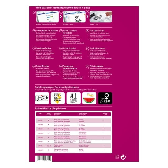 Das Bild enthält Informationen über das Entwerfen von T-Shirt-Transfers in mehreren Sprachen. Es zeigt Schritte zur Erstellung von Transfers, Produktbeschreibungen und Spezifikationen für verschiedene Transfermaterialien sowie eine Liste der verfügbaren Vorlagen.