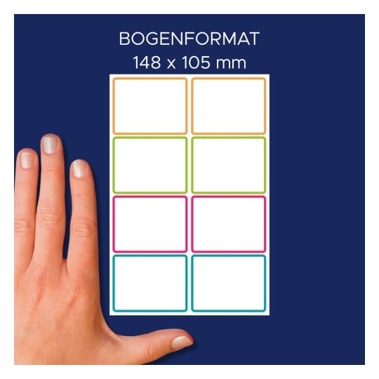 Größenvergleich mit Hand, Artikel: NAME16C, ein Bogen Namens-Etiketten, Format: 34 x 48 mm, Farbe: