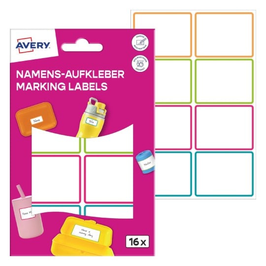 Packungsabbildung mit Etikettenbogen: Avery Namens-Etiketten, Artikel: NAME16C, Format: 34 x 48 mm, Inhalt: 16 Etiketten / 2 Bögen, 8 Etiketten/Bogen
