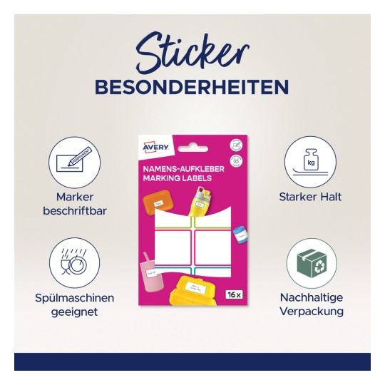 Das Bild zeigt eine Verpackung von Avery-Markierungsetiketten mit verschiedenen hervorgehobenen Merkmalen, wie beschreibbar mit einem Marker, starke Haftung, spülmaschinenfest und umweltfreundliche Verpackung. Auf der Verpackung sind bunte Sticker abgebildet, und es wird angegeben, dass die Packung 16 Etiketten enthält.