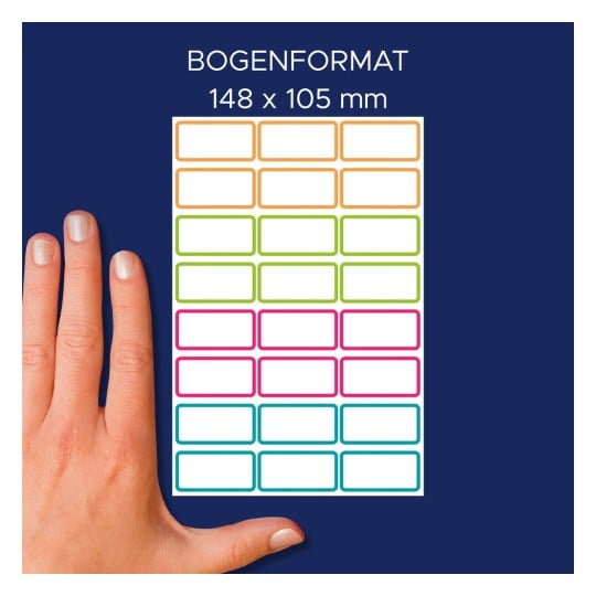 Größenvergleich mit Hand, Artikel: NAME48C, ein Bogen Namens-Etiketten, Format: 15 x 32 mm, Farbe: