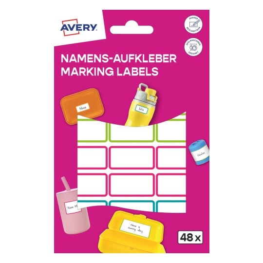 Packungsabbildung: Avery , Artikel:  NAME48C, Format: 15 x 32 mm, Inhalt: 48 Etiketten / 2 Bögen, 24 Etiketten/Rolle