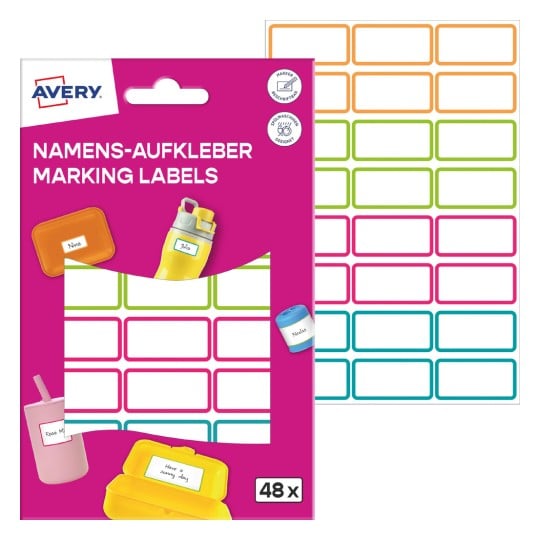 Packungsabbildung mit Etikettenbogen: Avery Namens-Etiketten, Artikel: NAME48C, Format: 15 x 32 mm, Inhalt: 48 Etiketten / 2 Bögen, 24 Etiketten/Bogen