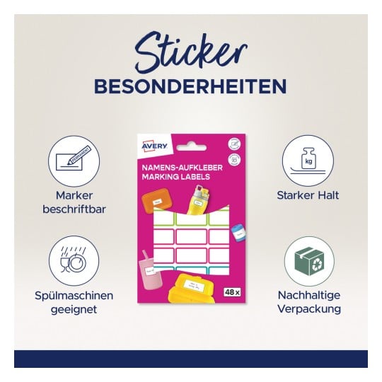 Das Bild zeigt eine Packung Avery Markierungsetiketten mit verschiedenen Merkmalen wie beschreibbar mit Markern, starke Haftung, spülmaschinengeeignet und umweltfreundliche Verpackung. In der Packung sind 48 Etiketten enthalten, die zusammen mit Symbolen dargestellt sind, die diese Eigenschaften repräsentieren.