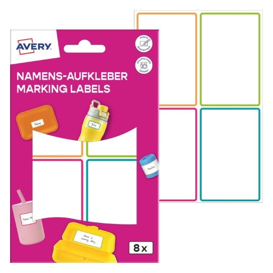 Packungsabbildung mit Etikettenbogen: Avery Namens-Etiketten, Artikel: NAME8C, Format: 48 x 70 mm, Inhalt: 8 Etiketten / 2 Bögen, 4 Etiketten/Bogen