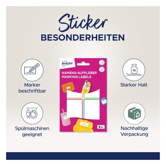 Das Bild zeigt eine Verpackung für Avery Markierungsetiketten. Es hebt verschiedene Merkmale hervor, wie dass sie mit einem Marker beschriftbar, spülmaschinenfest, stark haftend und aus nachhaltiger Verpackung sind. Die Farben sind lebendig, mit einem rosa Hintergrund und bunten Etiketten, die auf der Verpackung zu sehen sind.