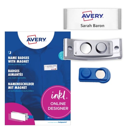 Packungsabbildung mit Etikettenbogen: Avery Zweckform, Artikel: POL20MA66-10DR, Magnetische Namensschilder, Format: 68 x 22 mm, Druckereignung: Farblaser,Laser s/w,Inkjet, Inhalt: 10 Schilder / 48 Einsteckschilder / 2 Bögen, 24 Karten/Bogen