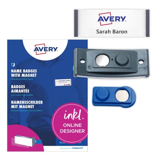 Packungsabbildung mit Etikettenbogen: Avery Zweckform, Artikel: POL30MA02-20DR, Magnetische Namensschilder, Format: 70 x 30 mm, Druckereignung: Farblaser,Laser s/w,Inkjet, Inhalt: 20 Schilder / 90 Einsteckschilder / 5 Bögen, 18 Karten/Bogen