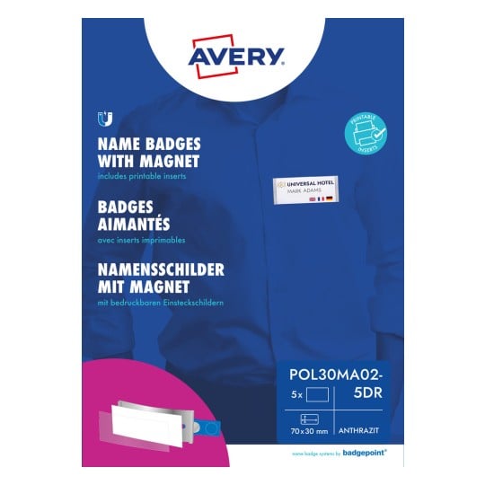 Packungsabbildung: Avery Zweckform , Artikel:  POL30MA02-5DR, Format: 70 x 30 mm, Druckereignung: Farblaser,Laser s/w,Inkjet, Inhalt: 5 Schilder / 18 Einsteckschilder / 1 Bogen,  /Bogen