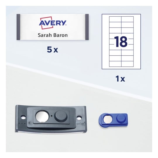 Das Bild zeigt ein Etikettenpaket von Avery mit dem Namen 'Sarah Baron' und Mengenangaben von Artikeln, darunter 5 Etiketten und ein Werkzeug zu deren Verwaltung. Es gibt auch ein Diagramm, das das Layout eines einzelnen Etiketts mit der Nummer 18 zeigt.