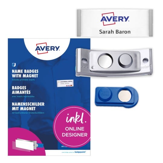 Packungsabbildung mit Etikettenbogen: Avery Zweckform, Artikel: POL30MA66-5DR, Magnetische Namensschilder, Format: 70 x 30 mm, Druckereignung: Farblaser,Laser s/w,Inkjet, Inhalt: 5 Schilder / 18 Einsteckschilder / 1 Bogen, 18 Karten/Bogen